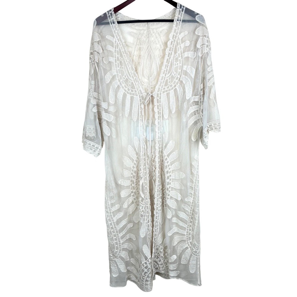 Kimono OS Cover Up Lace Sheer Maxi Embroidered Festival Fairy Cottage Boho Cream